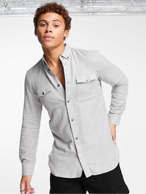NWT French Connection Long Sleeve 2 Pocket Flannel Shirt Grey Size Medium